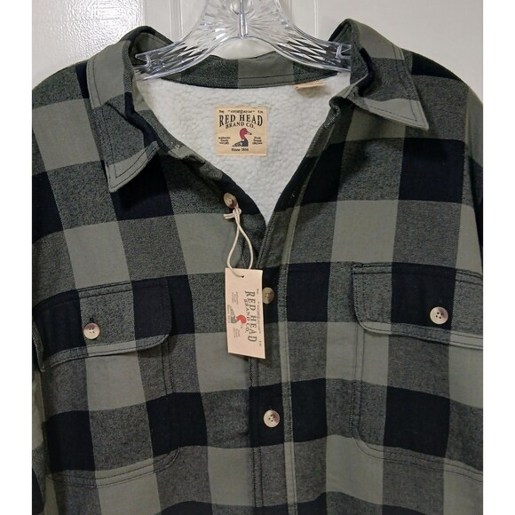 RedHead Flannel Jacket Mens XL Plaid Sherpa Button Down Shacket Black/Green NWTs - Picture 2 of 15